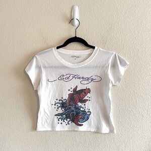 Y2K Ed Hardy Crop Top Baby Tee Koi Fish Graphic Short Sleeve Womens Size Medium